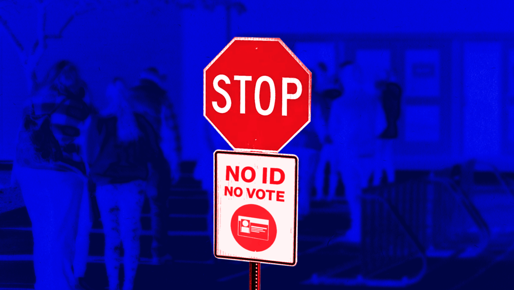 Blue background of voters waiting in line to vote with a red STOP sign above a sign that reads "NO ID NO VOTE"