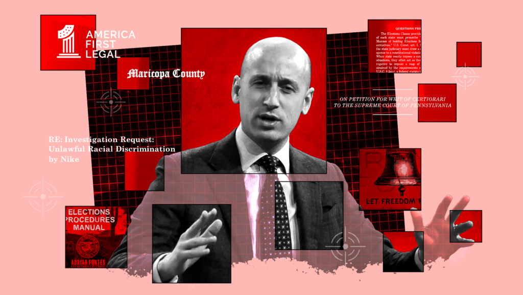 A photo of Stephen Miller centered in front of a red backdrop with squares featuring images of America First Legal logo, Maricopa County logo, and various snippets of court documents.