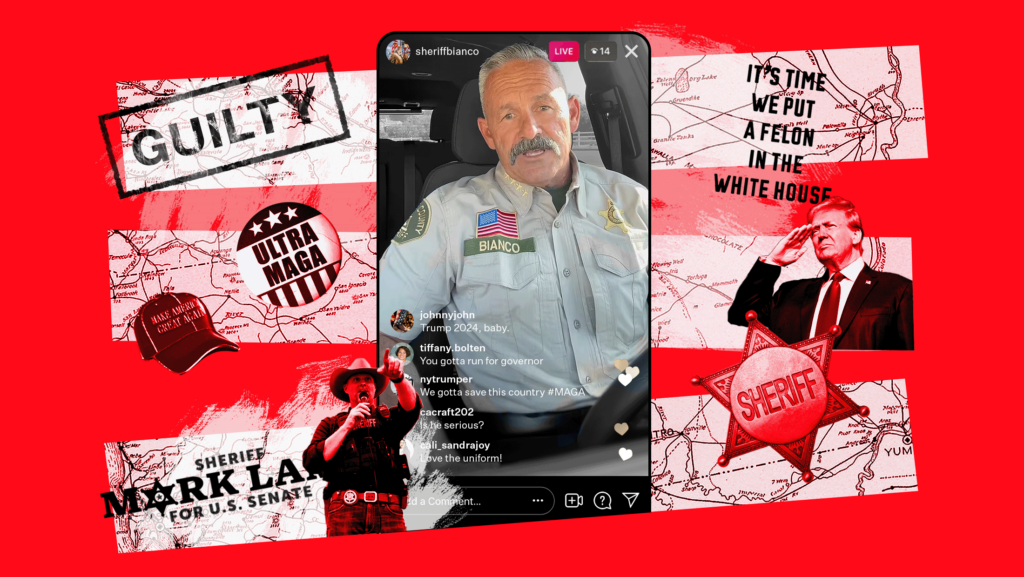 Red background with a phone in the center displaying Riverside County Sheriff Chad Bianco on Instagram Live in his sheriff uniform and sitting in his car. Surrounding the phone are elements relating to Bianco and sherrifs, including a print that reads "IT'S TIME WE PUT A FELON IN THE WHITE HOUSE," an image of Trump saluting, a GUILTY stamp, an ULTRA MAGA button, a sheriff's badge and a MAGA hat.