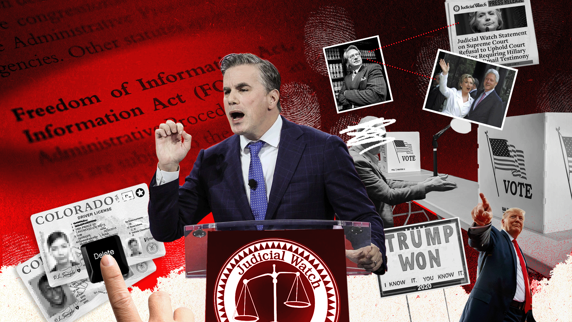 Tom Fitton is standing in front of a podium with one hand up at the center of the graphic. Behind him is a collage of images including a finger pointing to a Colorado driver's license, a Freedom of Information Act request, and photos of Bill and Hillary Clinton, Larry Klayman, Donald Trump and a voting machine.