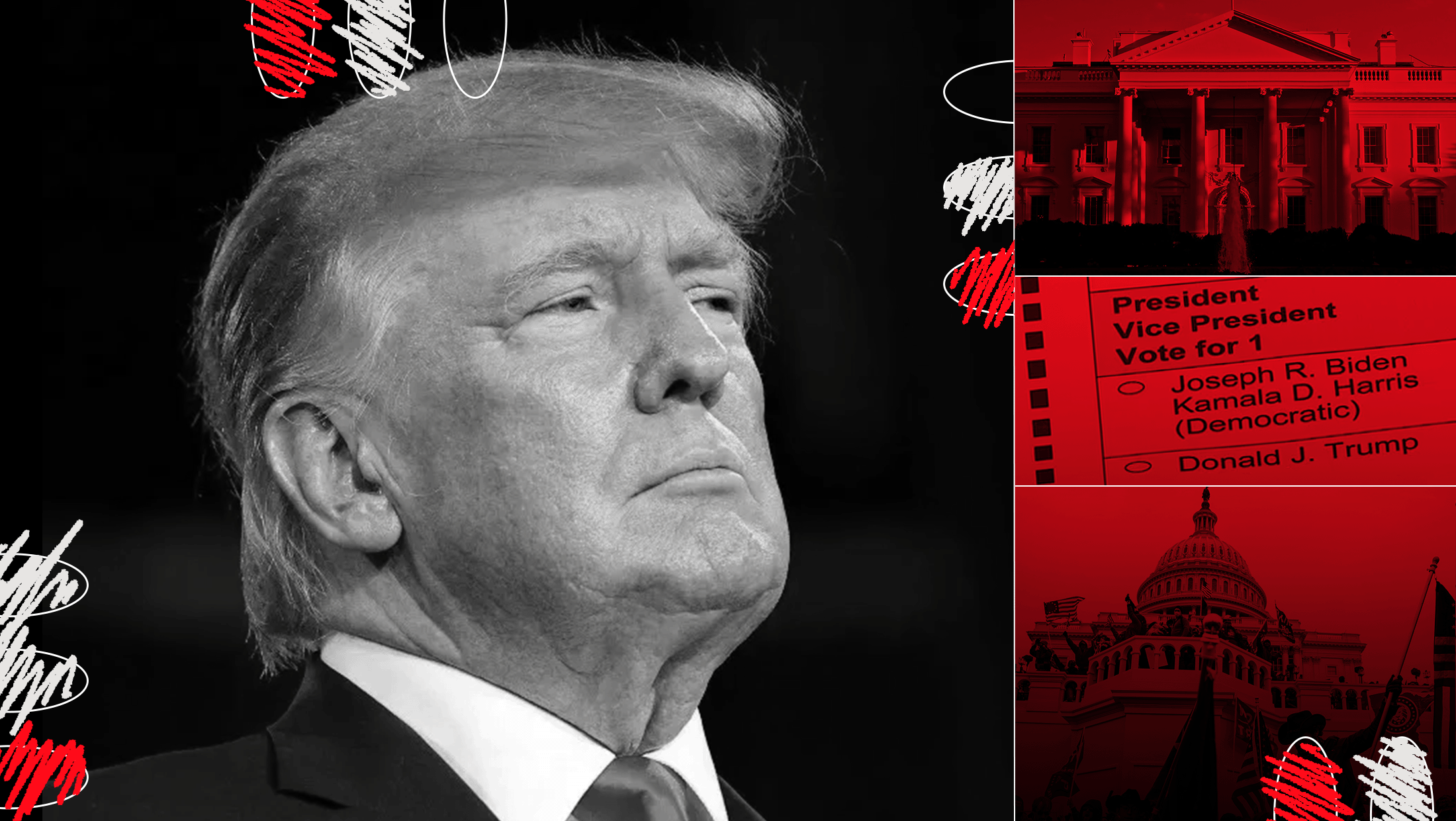 Black and red background with image of former President Donald Trump on the left-hand side and on the right-hand side, a vertical three-panel compilation of images of the White House, a ballot with Biden and Trump on it and imagery from the Jan. 6 insurrection.