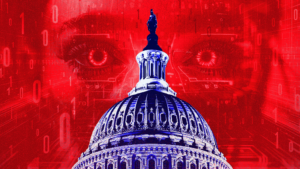 A photo of the dome of the U.S. Capitol in a blue tint over a red backdrop featuring the top of a face with piercing eyes made out of ones and zeroes.