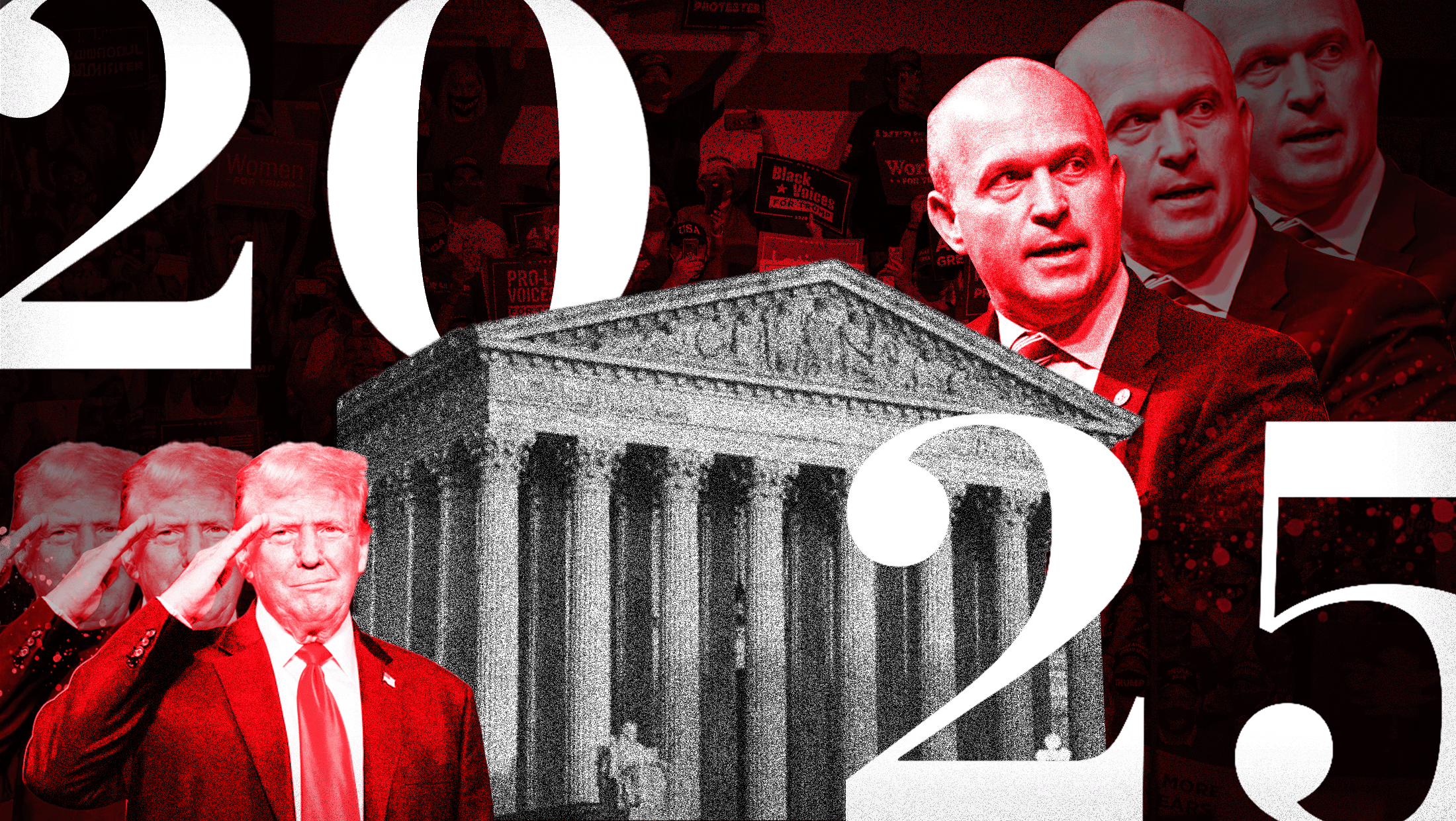 Red, black and white colors with the U.S. Supreme Court in the middle, a red-toned image of Donald Trump saluting, Kevin Roberts, the president of the Heritage Foundation and 2025 written in big white characters.