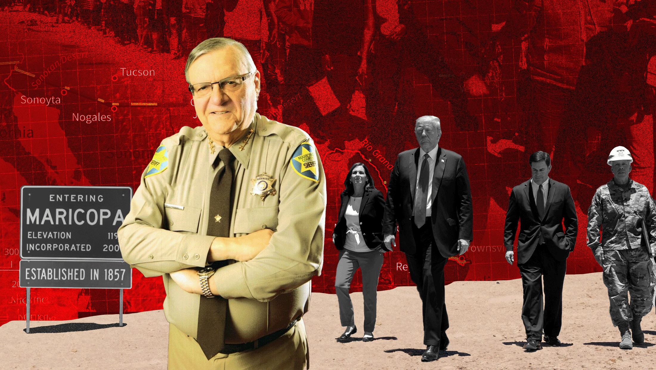 Red, map of Arizona background with former Arizona sheriff Joe Arpaio standing with his arms crossed in front of a Maricopa County sign and former President Donald Trump.