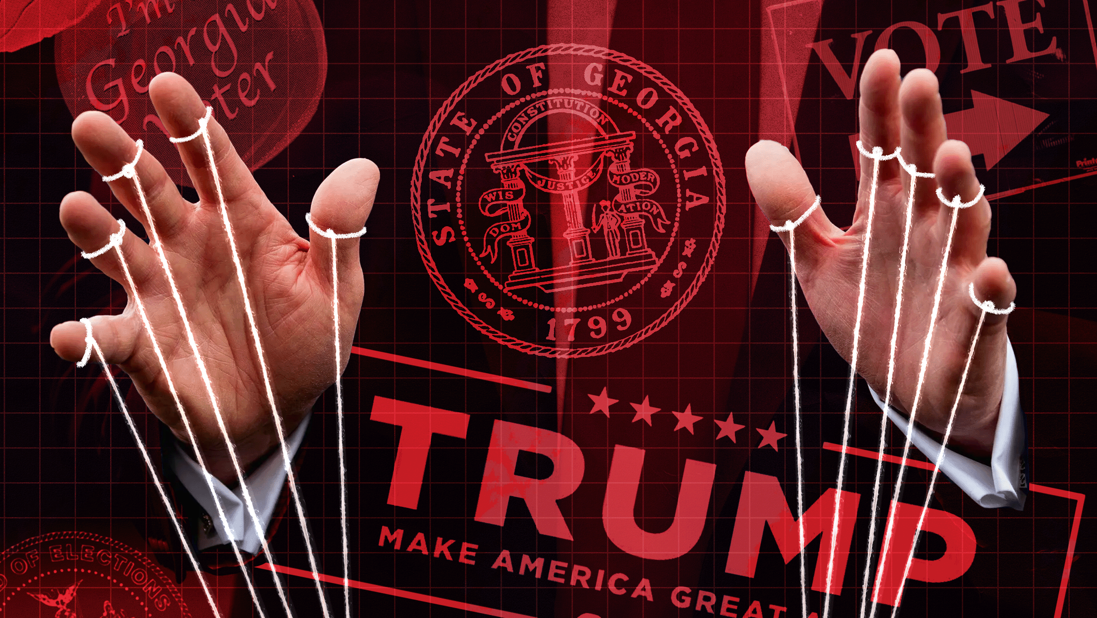 Red and black background with Trump stamp and the Georgia state seal with Trump's two hands holding strings up