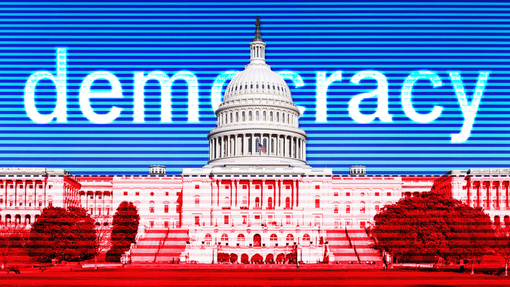 Red white and blue background with image of the U.S. Capitol building and "democracy" written in big letter behind the dome.