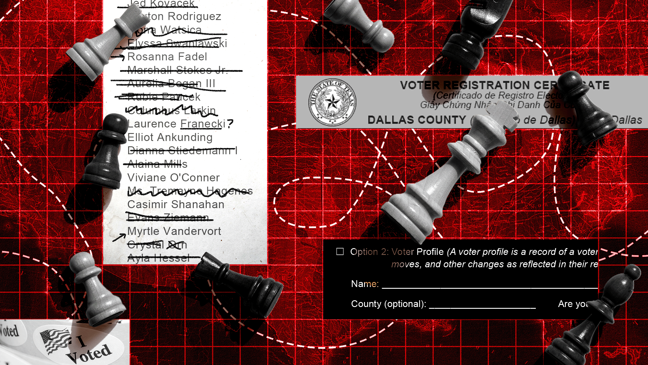 A montage of images — including chess pieces, a voter registration certificate, and I Voted sticker and a list of names crossed out — over red grid background.