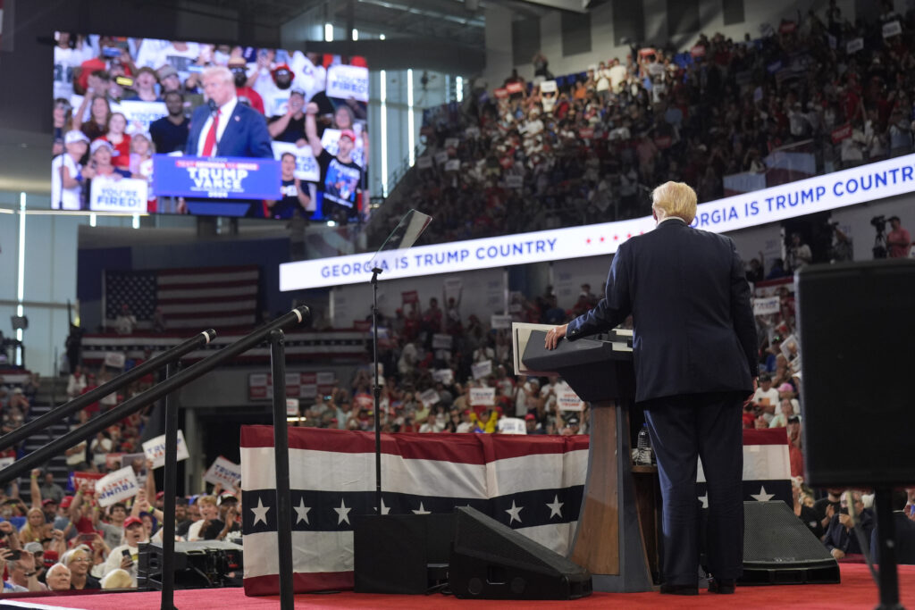 Republican presidential candidate former President Donald Trump speaks at a campaign rally at Georgia State University in Atlanta, Saturday, Aug. 3, 2024. (AP Photo/John Bazemore)