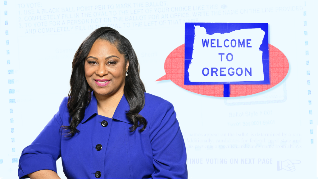 A headshot of Janelle Bynum against a light blue background next to a sign that says, "Welcome to Oregon"