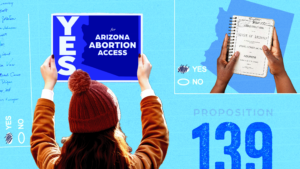 Blue background with person holding up sign that reads YES for Arizona Abortion Access and someone else holding the Arizona Constitution with a YES bubble filled out next to it.