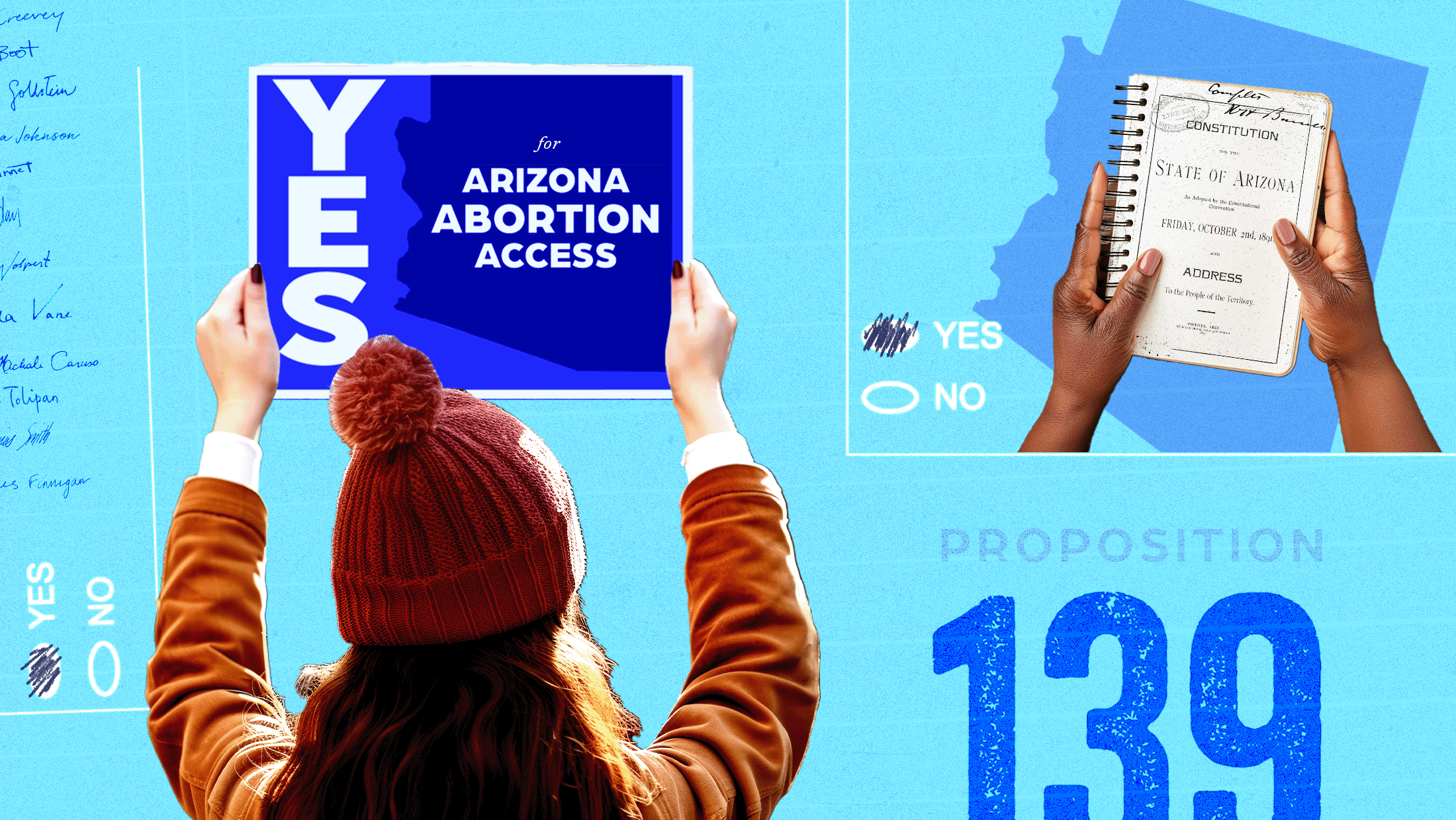 Blue background with person holding up sign that reads YES for Arizona Abortion Access and someone else holding the Arizona Constitution with a YES bubble filled out next to it.