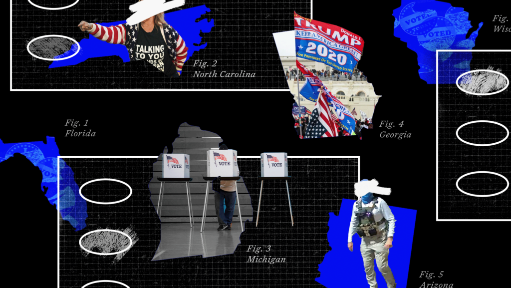 A black background with a montage of images including the states of Florida, Michigan, Georgia, Arizona, North Carolina and Wisconsin, along with voting booths, a photo of a Trump 2020 flag at the U.S. Capitol on Jan. 6, 2021, and a person pointing aggressively with their face scratched out.