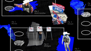 A black background with a montage of images including the states of Florida, Michigan, Georgia, Arizona, North Carolina and Wisconsin, along with voting booths, a photo of a Trump 2020 flag at the U.S. Capitol on Jan. 6, 2021, and a person pointing aggressively with their face scratched out.