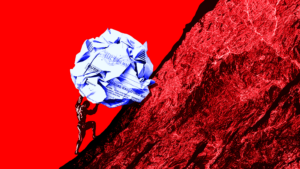 Red background of someone pushing a boulder up the hill, but the boulder is a crumpled up ball of absentee ballots.