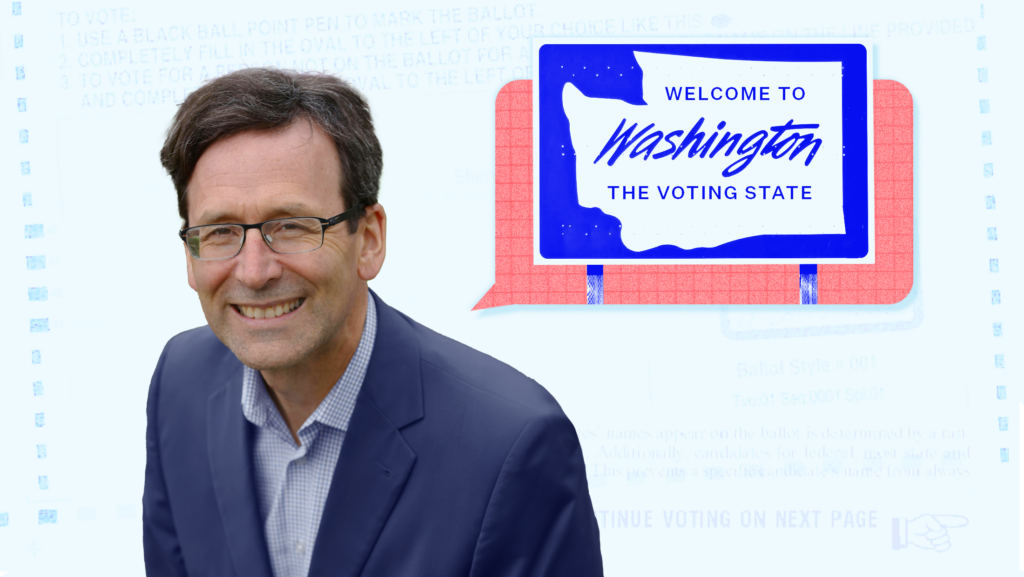 A headshot of Bob Ferguson against a light blue background next to a sign that says, "Welcome to Washington: The Voting State"