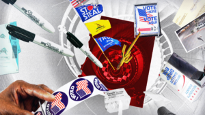 A collage of a red spiral sucking in various images to its center: Trump flags, Sharpie markers, I Voted stickers, ballot boxes, and a Vote Here sign.