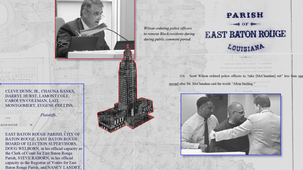 Black and white background with map of Louisiana faded into the background and images and text from the lawsuit Dunn v. East Baton Rouge Parish.