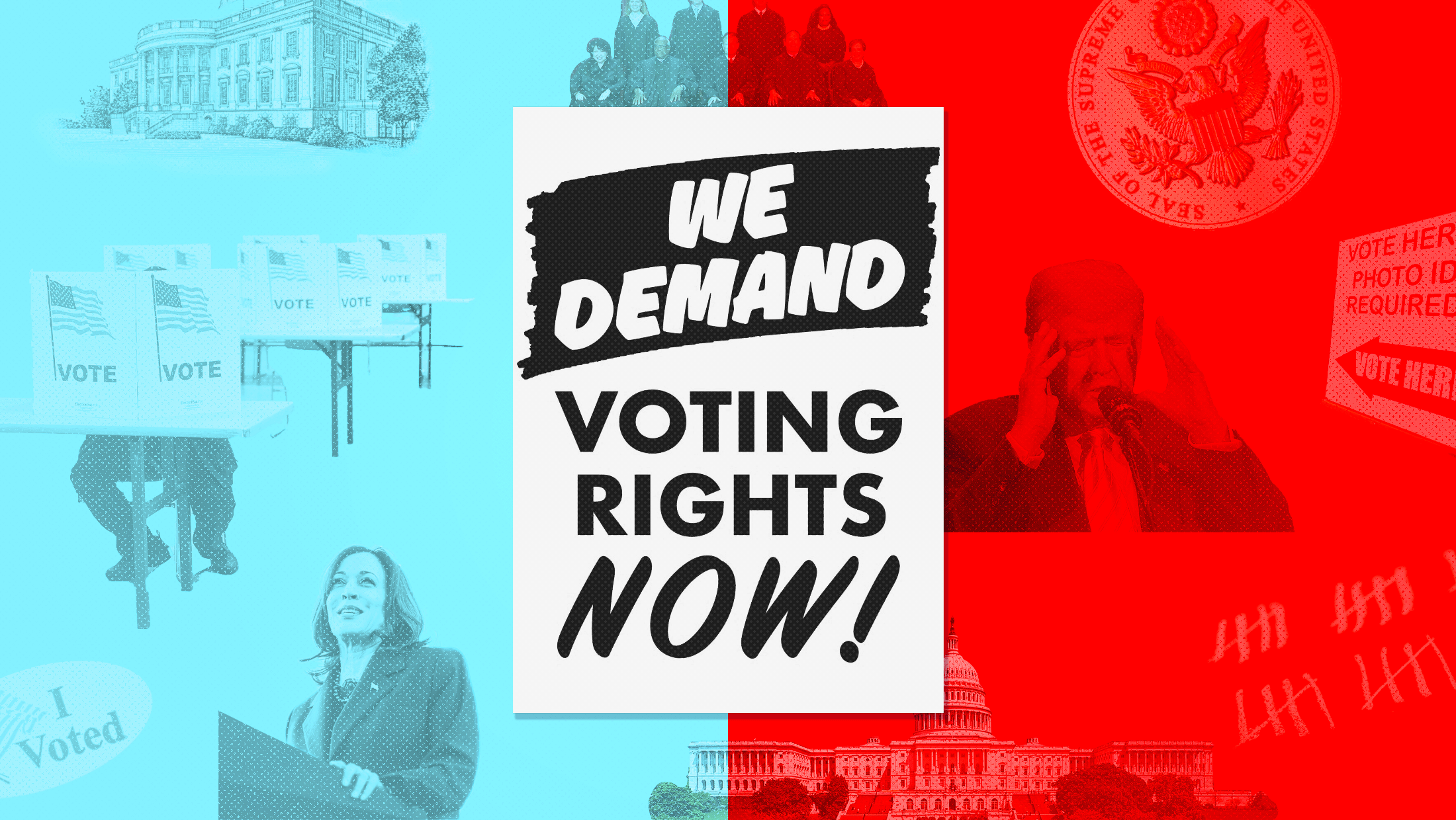 Background split 50-50 with the left side bright blue and the right side bright red and a big black and white sign in the center that reads "WE DEMAND VOTING RIGHTS NOW!"