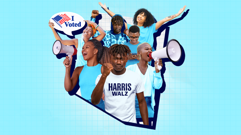 Bright blue background with images of young Black people wearing Harris Walz shirts, holding megaphones and I Voted signs all within the shape of Arizona.