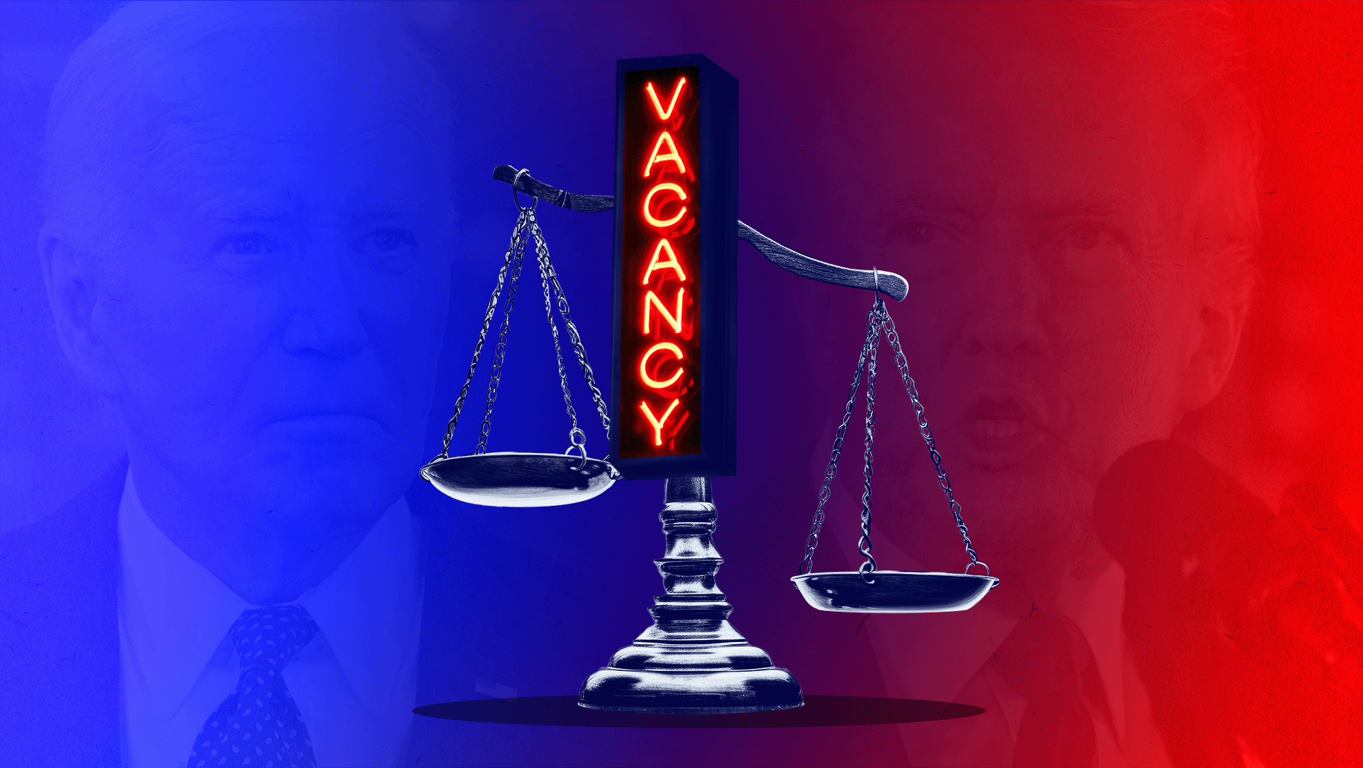 Blue and red gradient background with Joe Biden faded into the background on the left and Donald Trump faded into the background on the right with a scale that has a VACANCY sign on it.