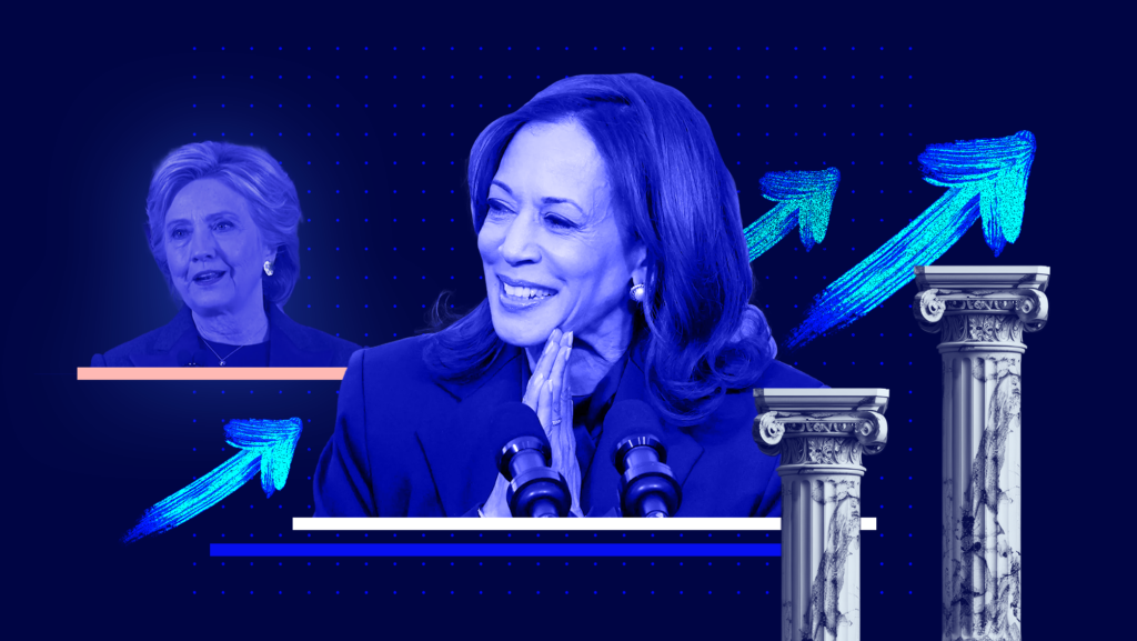 Dark blue background with image of Kamala Harris speaking at a podium in the center surrounded by two court pillars, blue arrows pointing upward and Hillary Clinton.