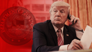 An image of Donald Trump and the Department of Justice seal on a red background