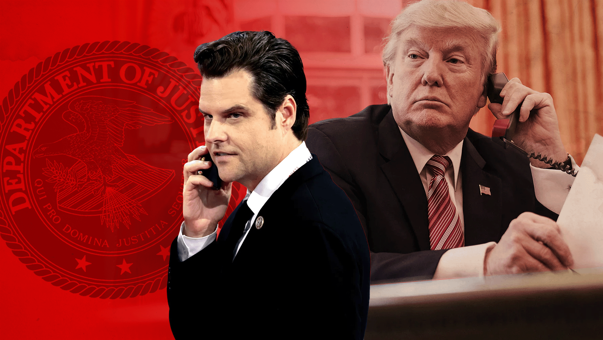 A photo of President-elect Donald Trump, former Congressman Matt Gaetz and the Department of Justice seal on a red background.