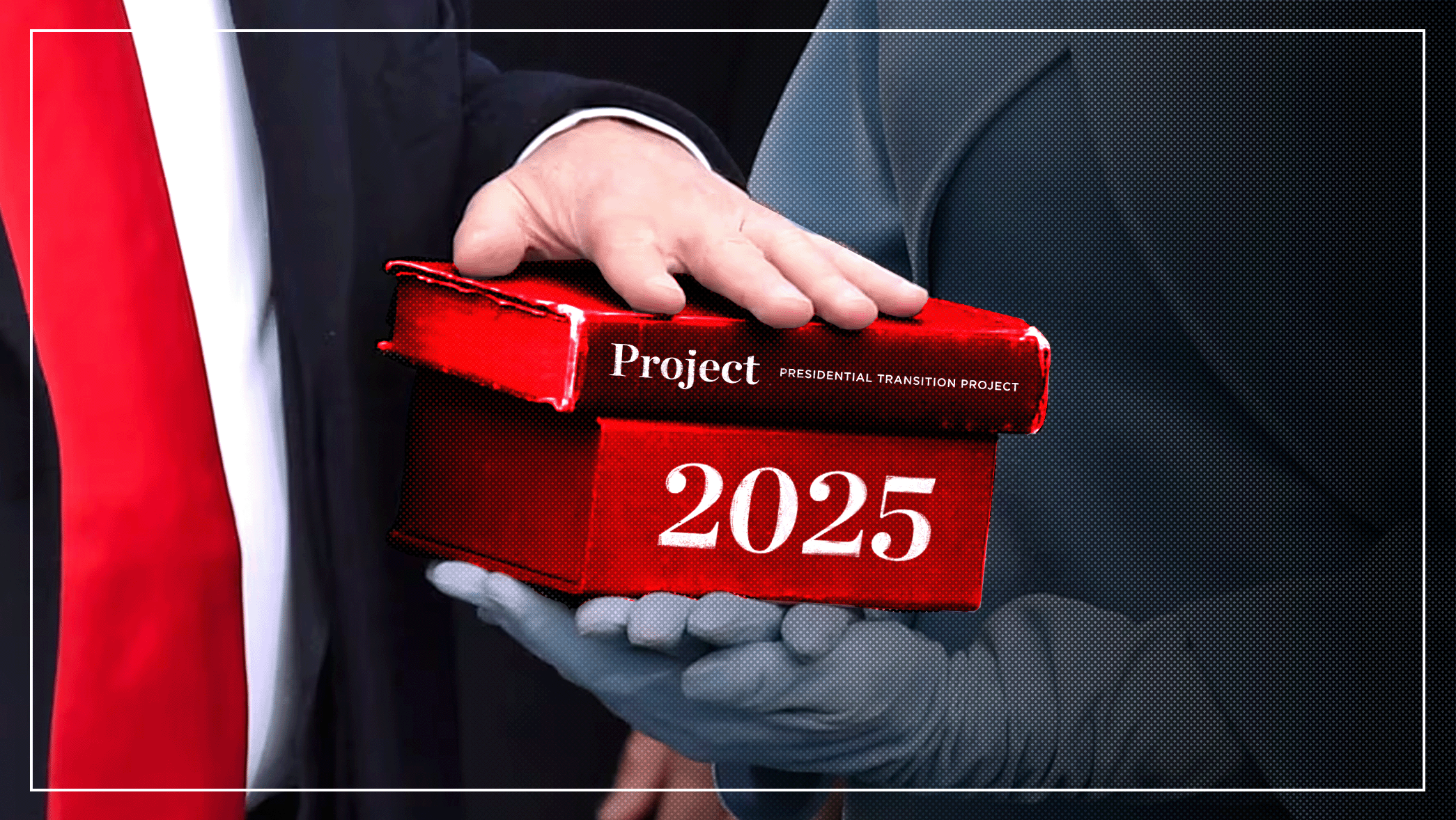 President-elect Donald Trump's hand on laying on top of a Project 2025 bible in red.