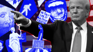 American flag in the background with Donald Trump pointing and surrounded by blue elements like someone holding a sign that says "JUSTICE", another sign that reads "we only lose if we stop fighting" and other graphical elements that signify not backing down.