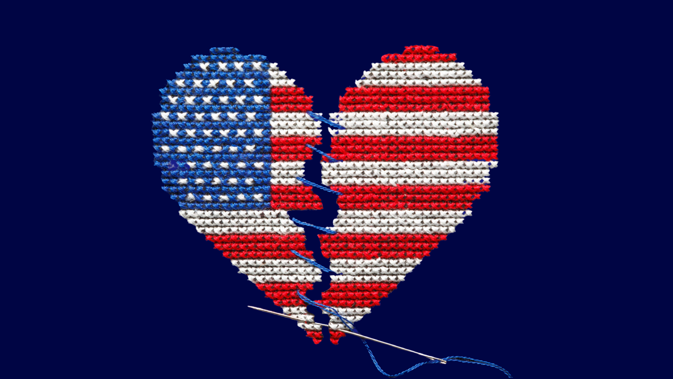 Dark blue background with an embroidered American flag in the shape of a heart and broken down the middle.