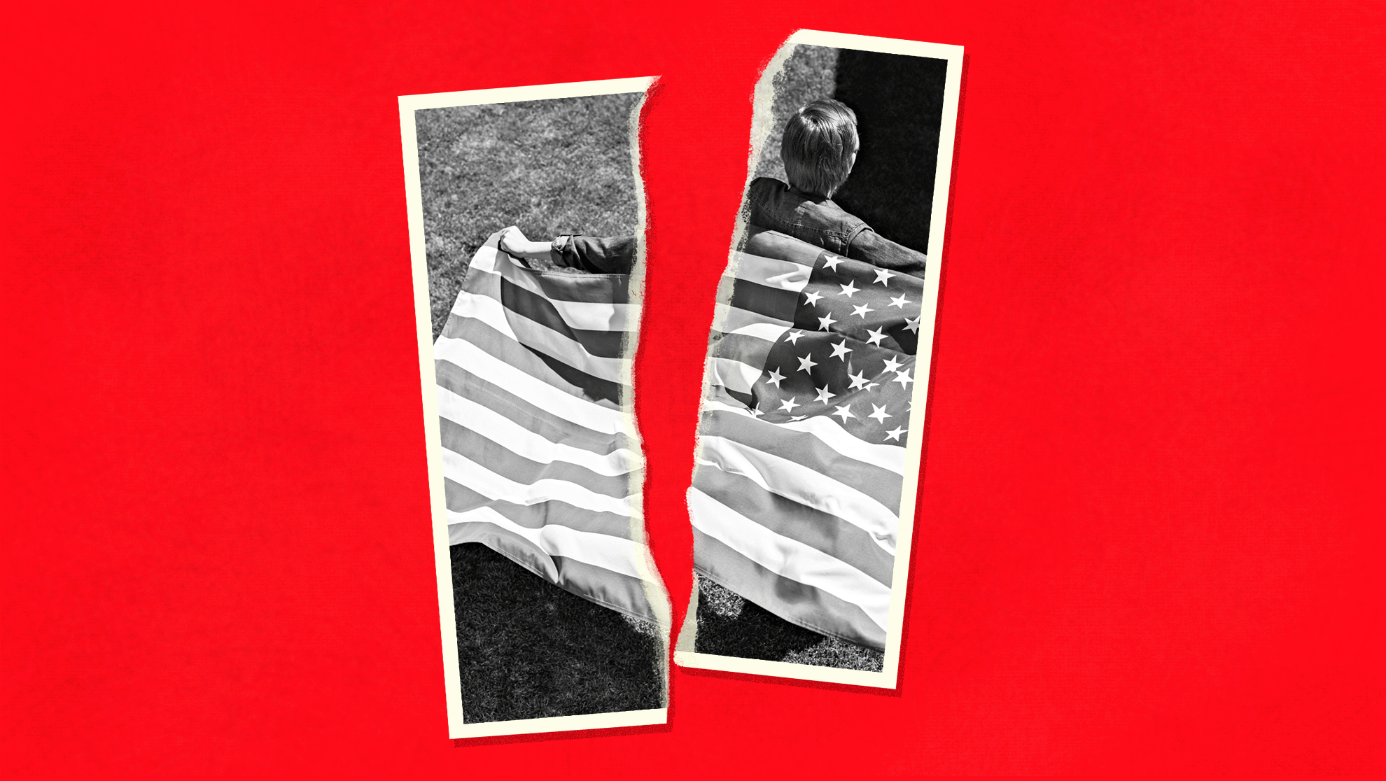 Red background with torn black and white image of someone waving the American flag.