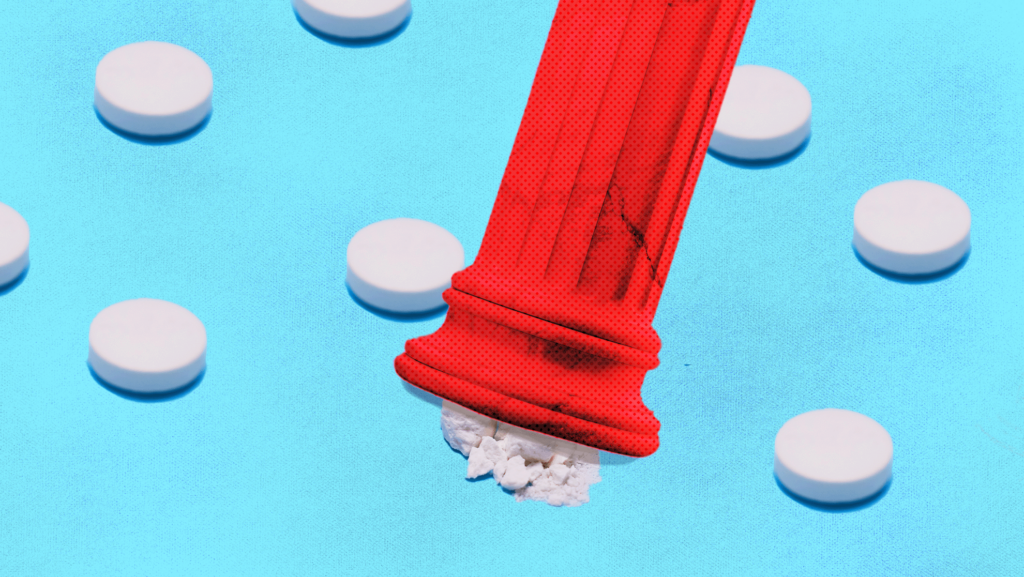 Light blue background with birth control pills scattered throughout and a red pillar crushing one of them.