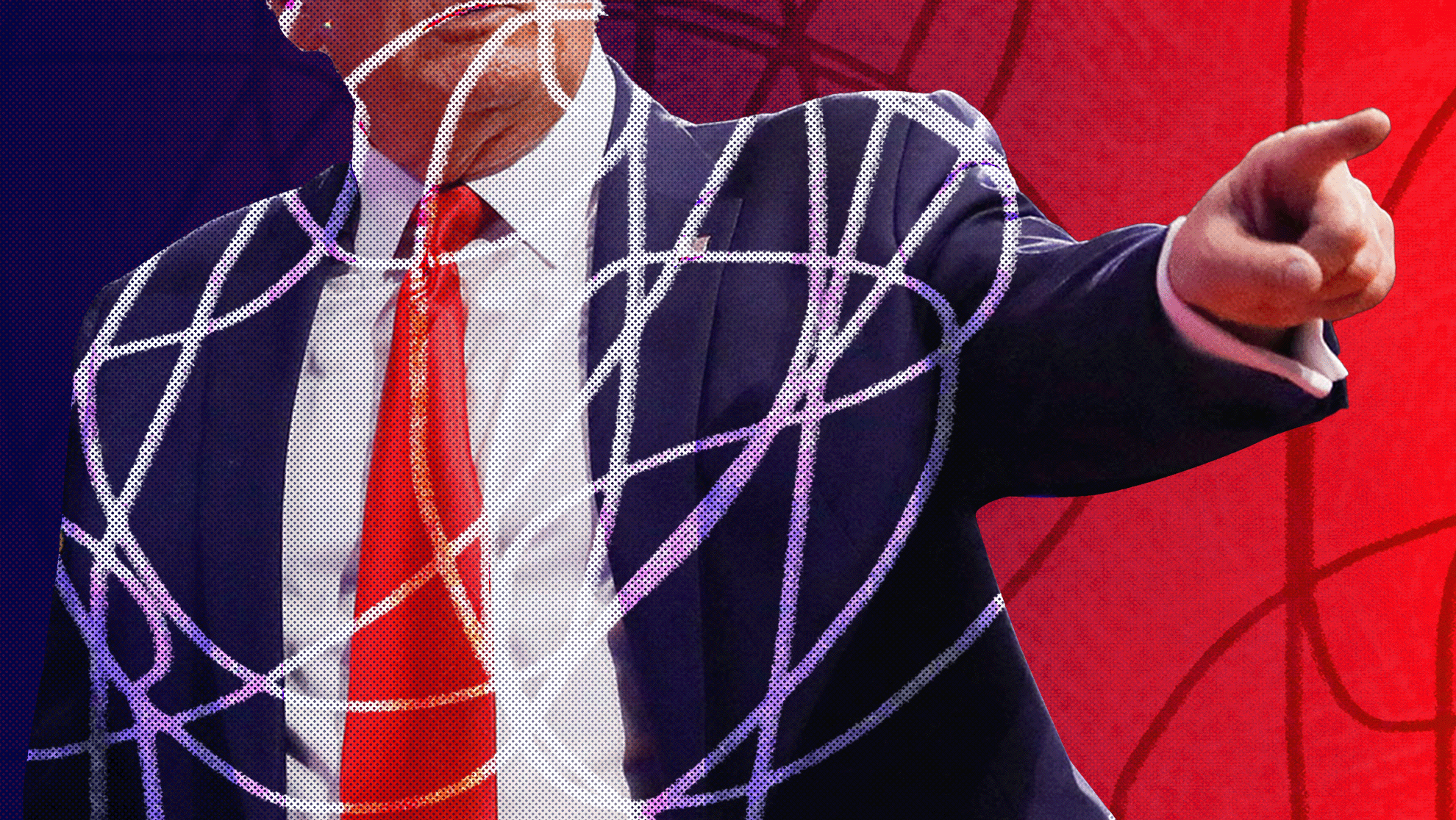 Red background with Donald Trump pointing and scribbles all over his body.