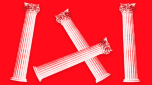 Red background with four pillars and two in the middle falling down.