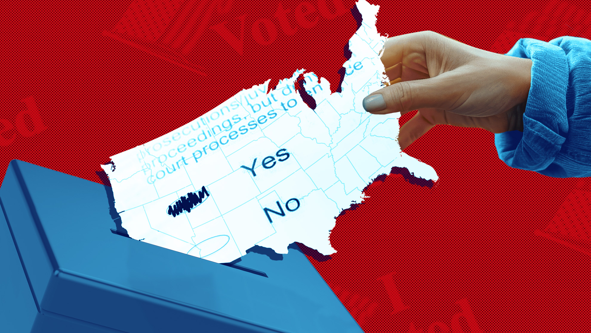 Red background with someone putting U.S.-shaped ballot into a ballot box.