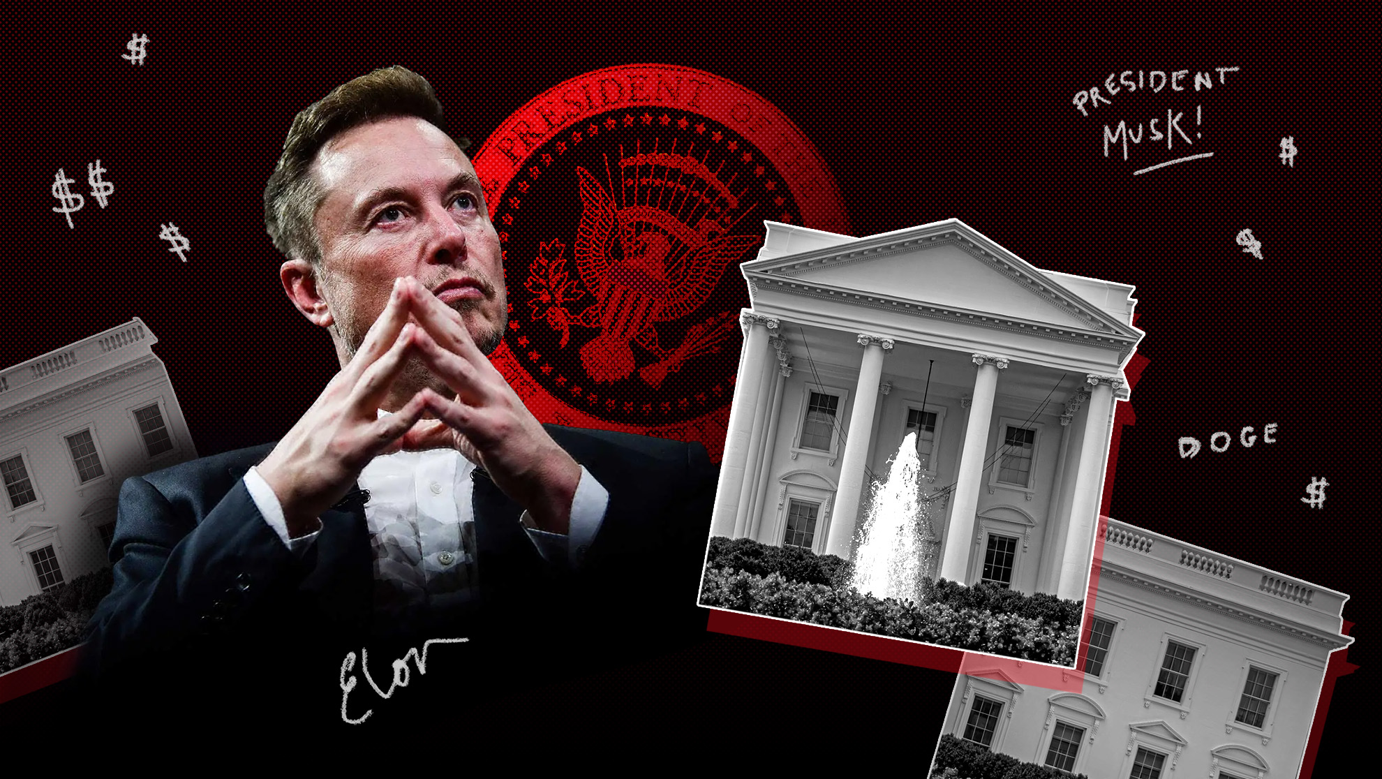 Dark background with images of Elon Musk, the White House, the presidential seal and "DOGE" written in the background.