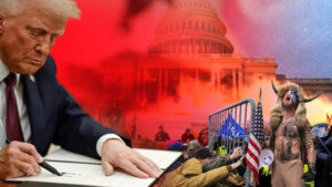 Graphic with image of Donald Trump signing a document with Jan. 6 rioters and a red-toned Capitol building in the background with red smoke around the building.