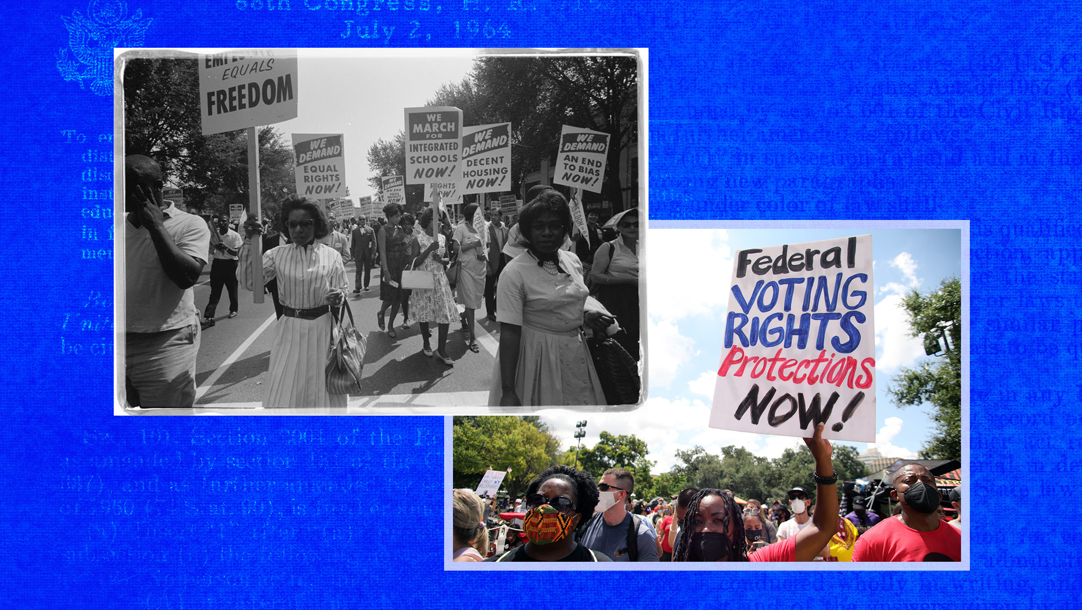 Photos of civil rights demonstrations from the 20th century and 21st century against a blue background.