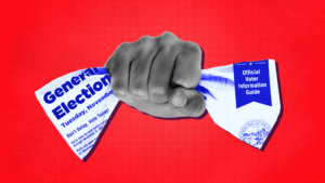 Red background with black and white toned fist squeezing a blue-toned ballot.