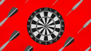 Red background with bulls eye and darts surrounding the board.