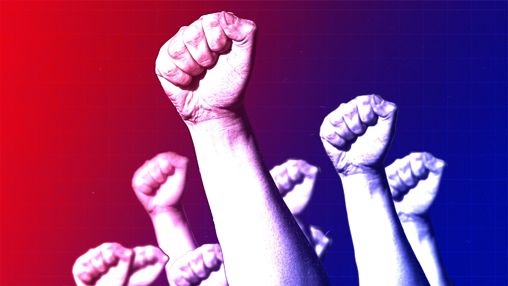 Red and blue gradient background with numerous arms with fists punching up.