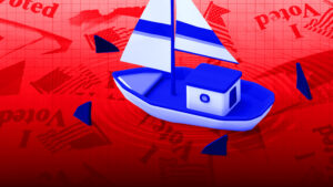 Red background with I Voted stickers faded and a blue sail boat with sharks circling the boat.