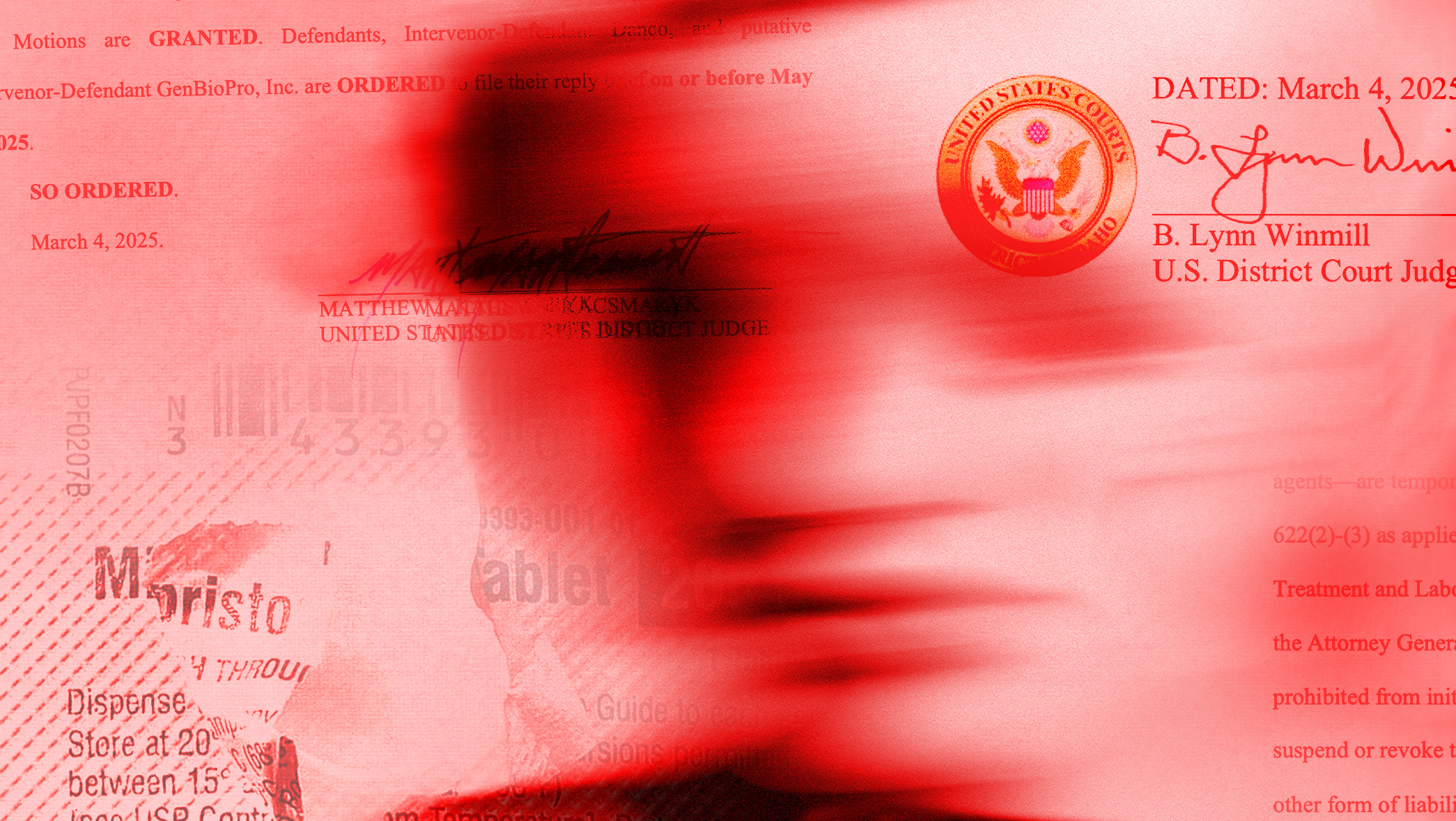 Red background with abortion-related court documents and rulings collaged across the graphic and a blurry image of a person at the center.